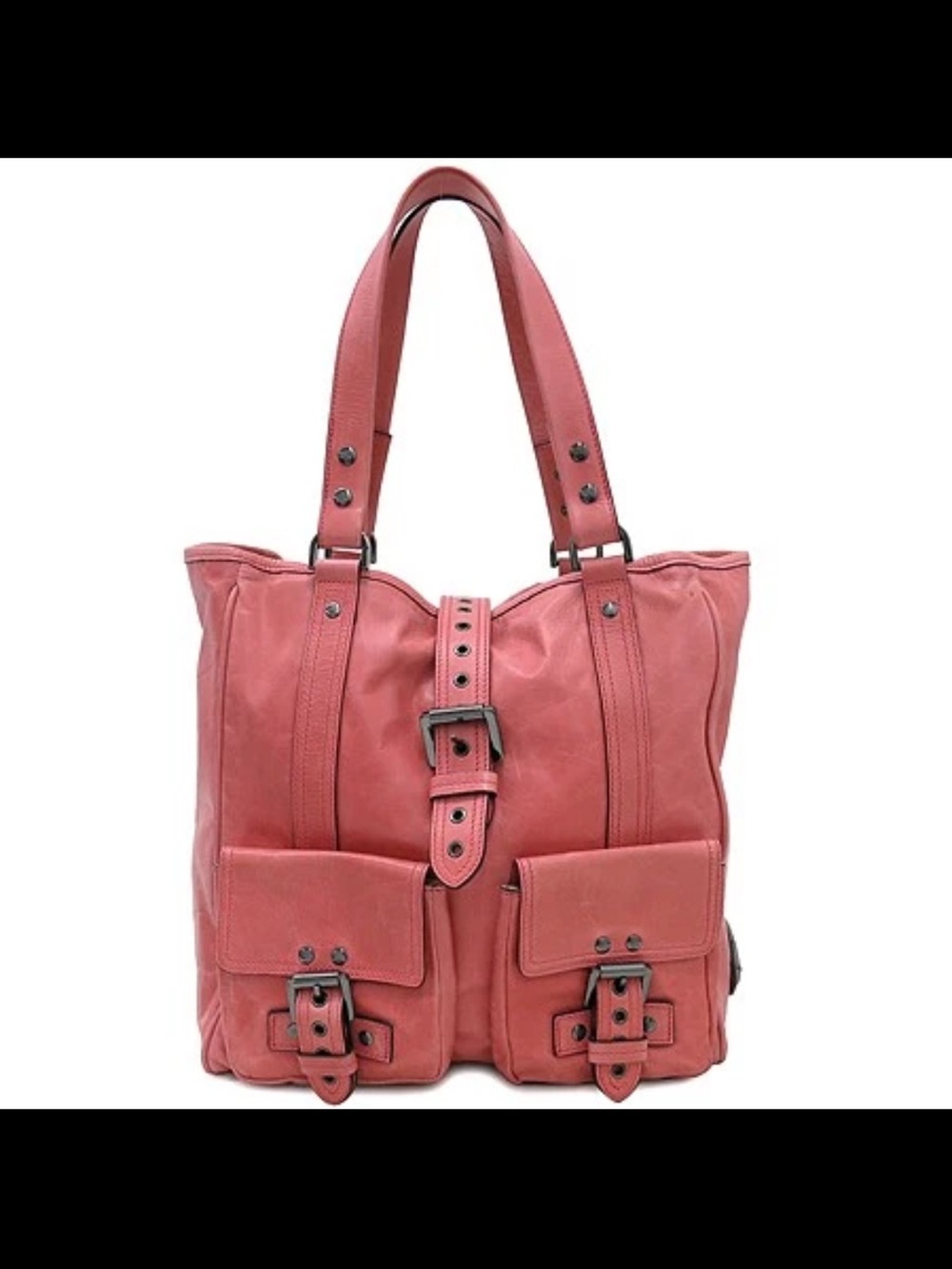 Mulberry Pink Leather Shoulder Tote with Front Buckle Pockets